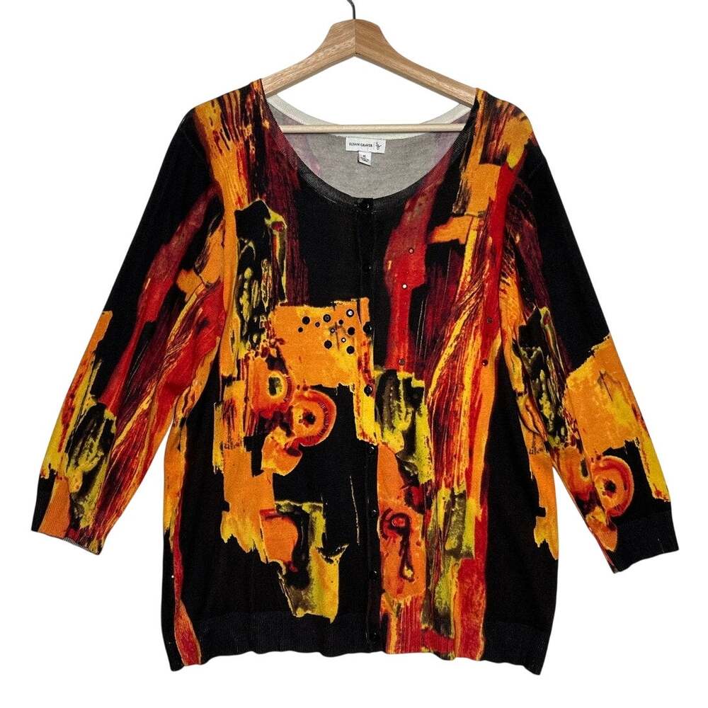 Susan Graver Beaded Abstract Cardigan Sweater Button Front 3/4 Sleeve XL Orange